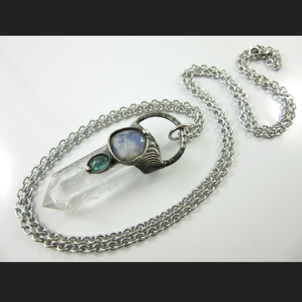 Fire and Ice Quartz, Sapphire and Moonstone Necklace